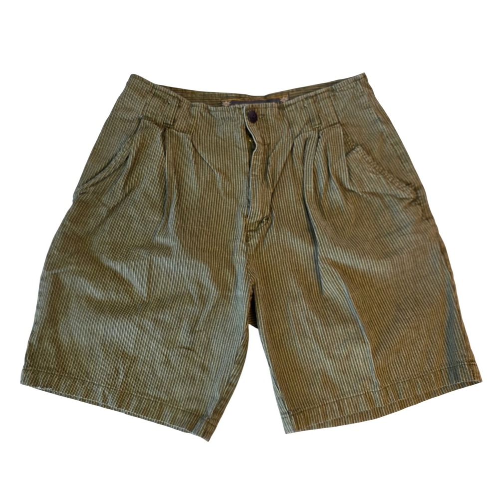 Vintage Point Zero Pleated Striped Shorts Mens 32 Green Brown Thrashed Cotton
